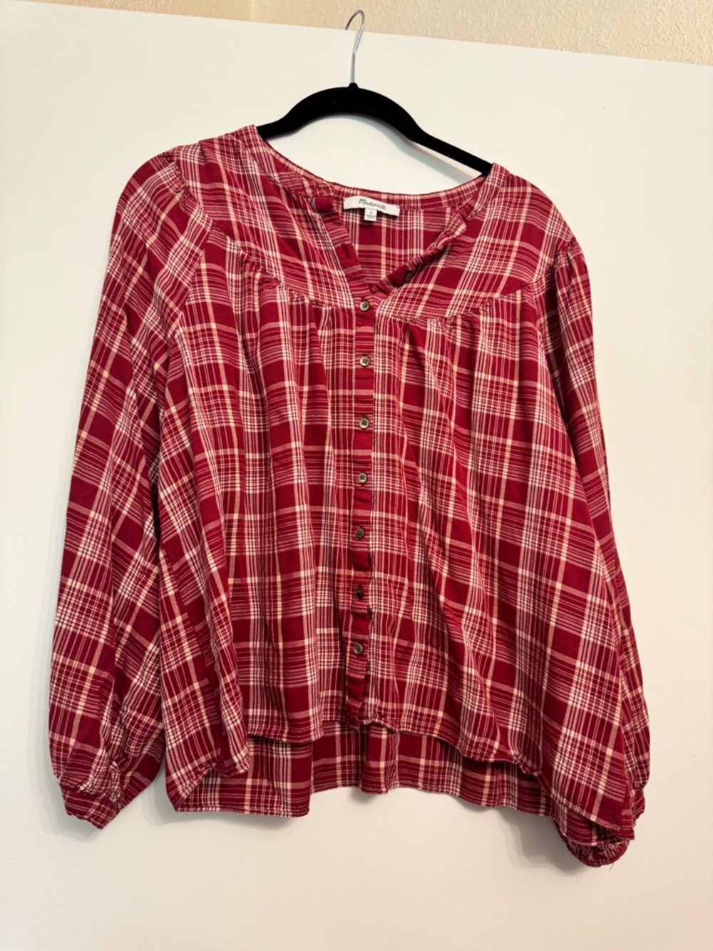 Madewell Women's Red Plaid Button-Front Blouse Size Large